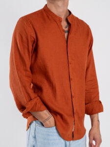 GIANNI LUPO Camicia basica in lino con collo coreana GL7620S Rust (2)