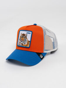 GOORIN BROS Cappellino arancio con visiera blu e retina grigia con patch stampa tigre KING (2)