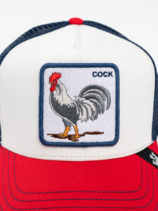 GOORIN BROS Cappellino bianco con visiera rossa e retina blu con stampa gallo COCK (1)