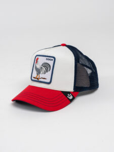 GOORIN BROS Cappellino bianco con visiera rossa e retina blu con stampa gallo COCK (2)
