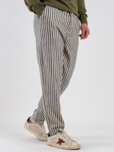 IMPURE Pantalone a righe larghe in misto lino con coulisse in vita MILES LNSC63 Navy Stripeù (4)