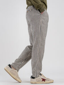 IMPURE Pantalone a righe larghe in misto lino con coulisse in vita MILES LNSC63 Navy Stripeù (5)
