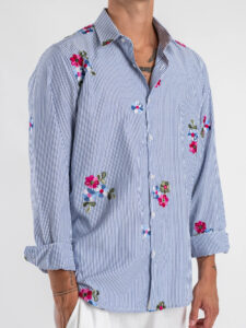BLACKSUNDAY Camicia slim a righe ricamata con colletto KOS Blu (5)