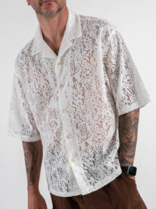Camicia con collo a V mezza manica in fantasia traforata L815262 White (3)