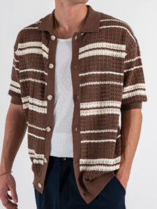 Camicia mezza manica in maglia rigata traforata W85894 Coffee (3)
