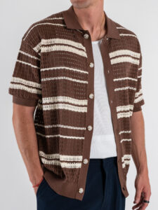 Camicia mezza manica in maglia rigata traforata W85894 Coffee (5)