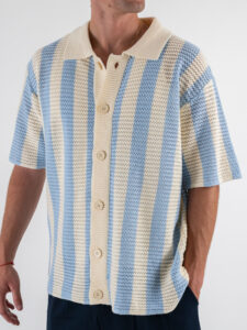 Camicia mezza manica in maglia rigata traforata W85909 Sky Blue (5)