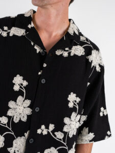 Camicia over con collo a V mezza manica in fantasia ricamata L815246 Nera (4)