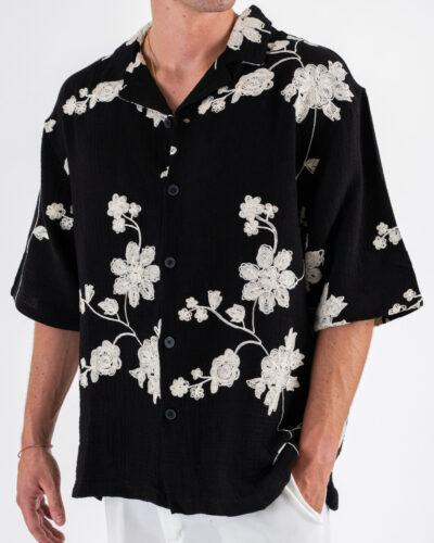 Camicia over con collo a V mezza manica in fantasia ricamata L815246 Nera 5 Home