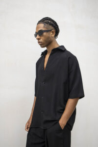 Coordinato con camicia collo bowling + Pantalone largo con pences TNK057 Nero (6)