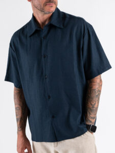 ESTASI Camicia regular in misto lino con colletto VALVERDE Blu (3)