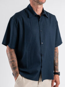 ESTASI Camicia regular in misto lino con colletto VALVERDE Blu (5)