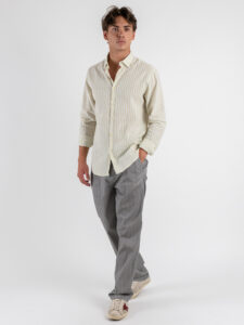 OVER-D Camicia a righe larghe in misto lino con collo alla francese OC1S2S5C11 Bamboo (2)