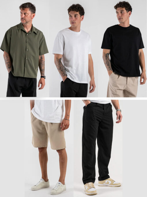 estasi packok 1 ESTASI Pack bestseller Estasi: camicia SANE'/YAMAL verde+SOLE bianca+SOLE nera+Bermuda SANE' beige+Pantalone SANE'nero