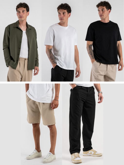 estasi packok ESTASI Pack bestseller Estasi: camicia SANE'/YAMAL verde+SOLE bianca+SOLE nera+Bermuda SANE' beige+Pantalone SANE'nero