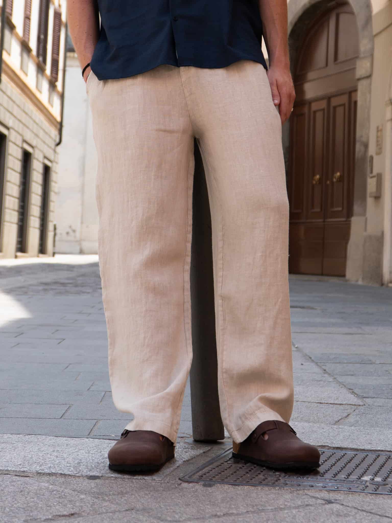 ESTASI Pantalone over in lino con gamba larga ed elastico in vita VINICIUS Beige