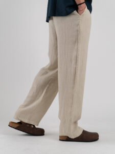 ESTASI Pantalone over in lino con gamba larga ed elastico in vita VINICIUS Beige (1)