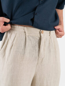 ESTASI Pantalone over in lino con gamba larga ed elastico in vita VINICIUS Beige (3)