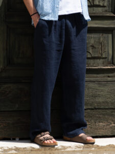 ESTASI Pantalone over in lino con gamba larga ed elastico in vita VINICIUS Blu (1)