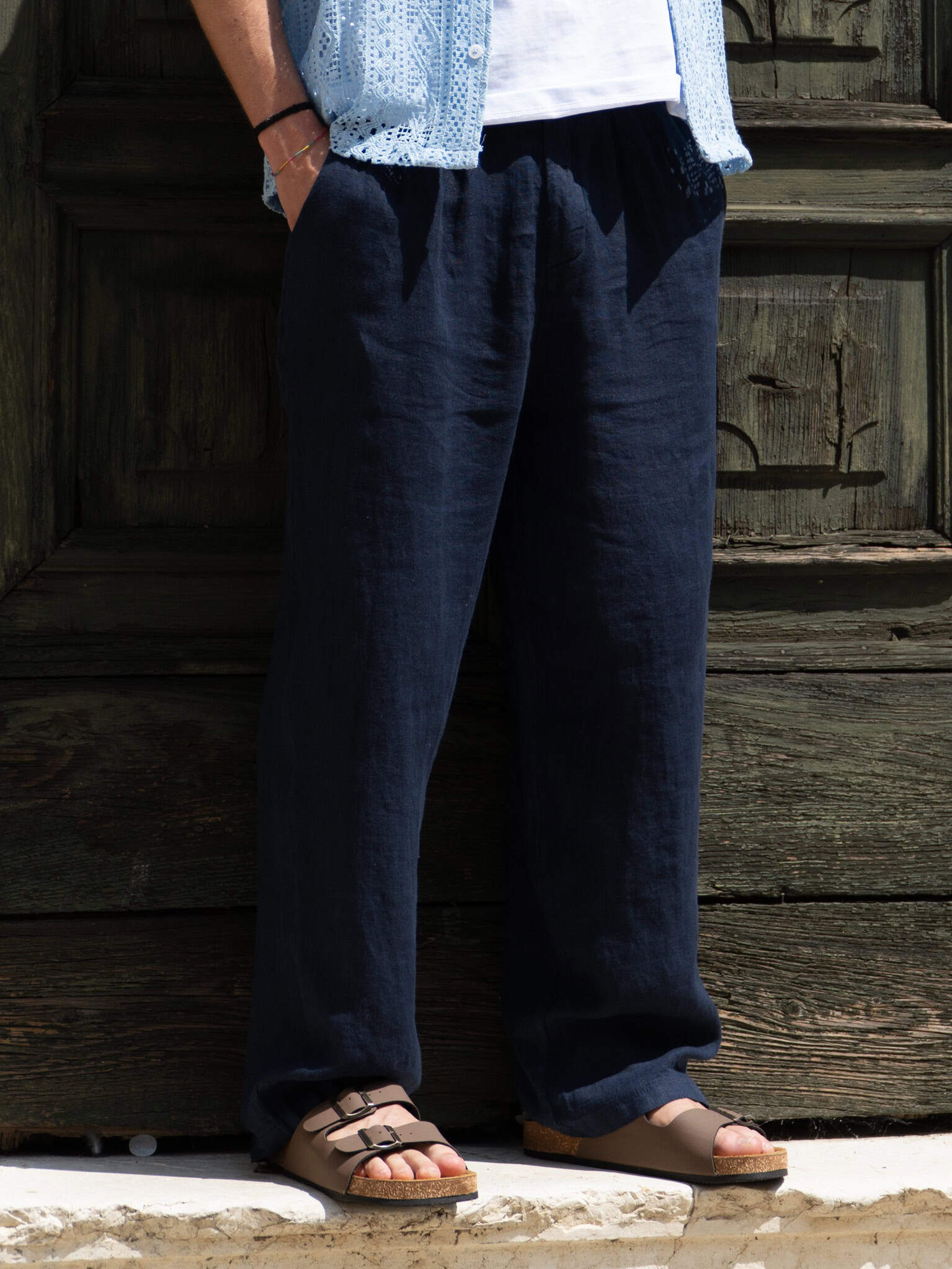ESTASI Pantalone over in lino con gamba larga ed elastico in vita VINICIUS Blu