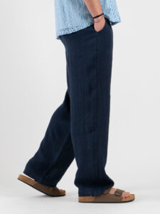 ESTASI Pantalone over in lino con gamba larga ed elastico in vita VINICIUS Blu (1)