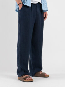 ESTASI Pantalone over in lino con gamba larga ed elastico in vita VINICIUS Blu (5)