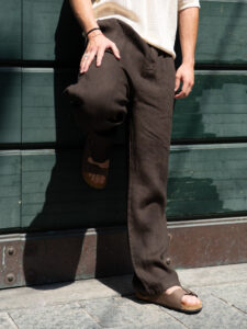 ESTASI Pantalone over in lino con gamba larga ed elastico in vita VINICIUS Cioccolato (1)