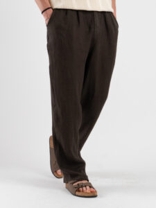 ESTASI Pantalone over in lino con gamba larga ed elastico in vita VINICIUS Cioccolato (5)