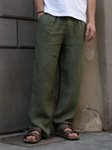ESTASI Pantalone over in lino con gamba larga ed elastico in vita VINICIUS Militare (1)