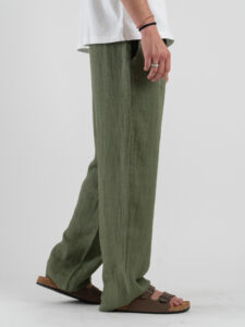 ESTASI Pantalone over in lino con gamba larga ed elastico in vita VINICIUS Militare (3)