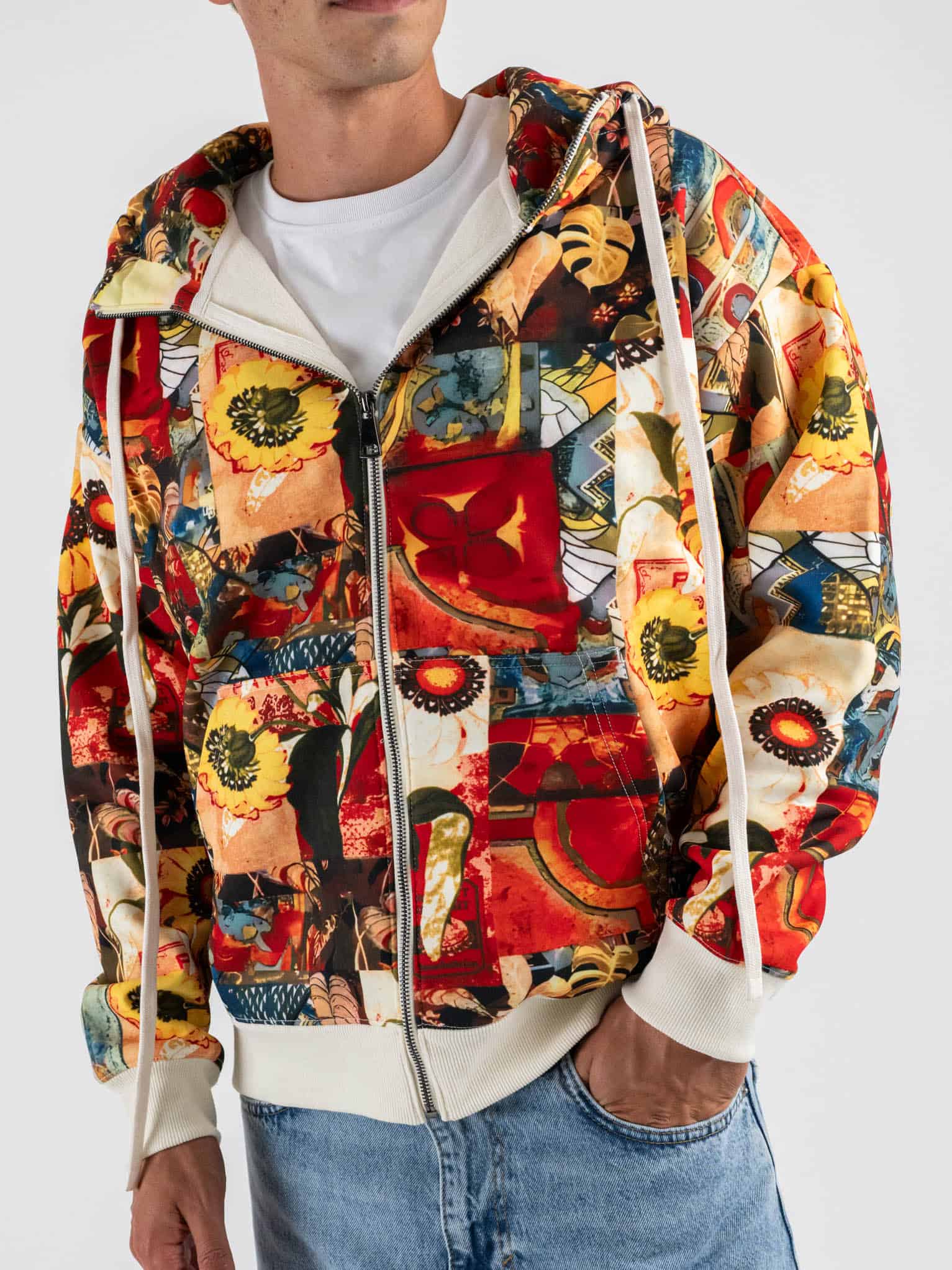 Felpa in fantasia con cappuccio e zip 815036 Arancio Prezzo 49,99