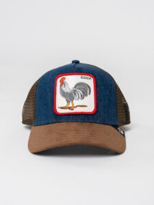 GOORIN BROS Cappellino in jeans blu con visiera marrone e patch in pelle bianca stampa gallo COCK (2)