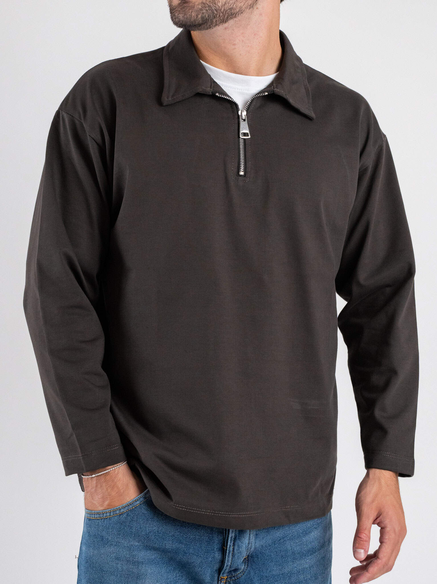 Polo a manica lunga in cotone con mezza zip 4550 Grigio Prezzo 33