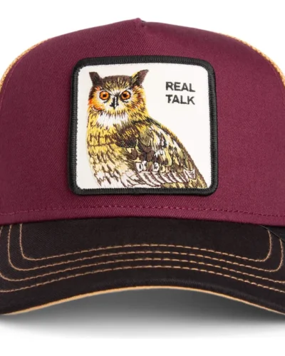 GOORIN BROS Cappellino bordeaux e retina cammello con patch panna stampa gufo REAL TALK