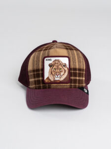 GOORIN BROS Cappellino bordeaux inserto plaid scozzese con patch in pelle bianca stampa leone KING (1)