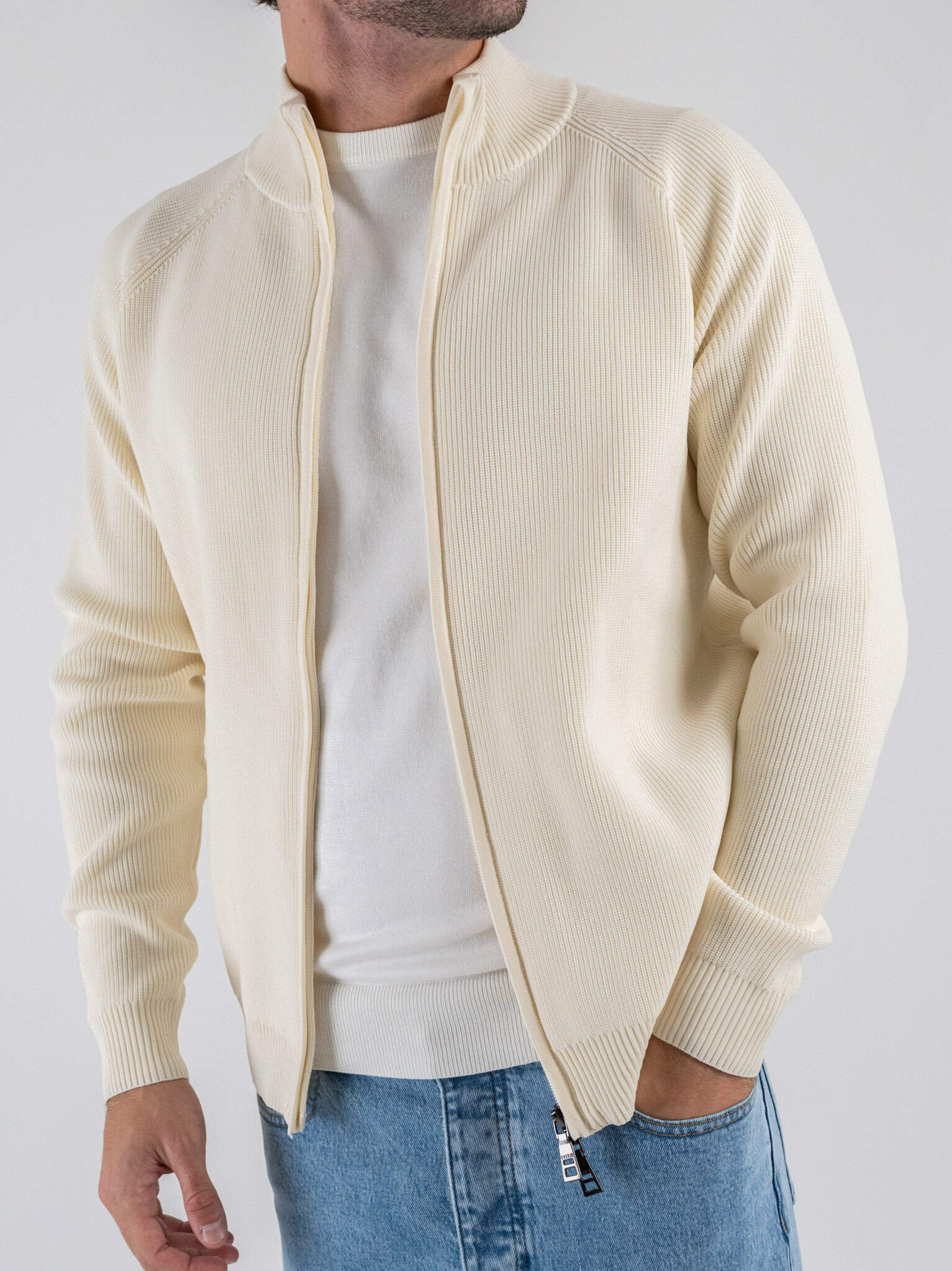 OVER-D Cardigan a costine con zip e collo alto OE1F2W5M88 Panna