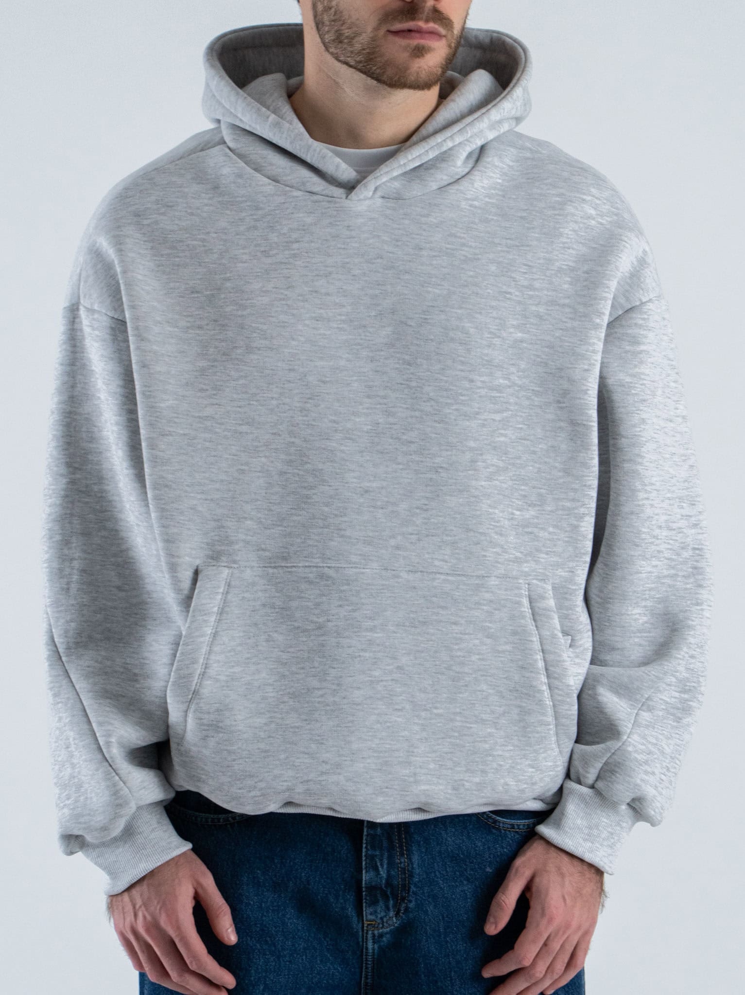 Felpa boxy fit in cotone con cappuccio e tasca a marsupio Grigio Melange