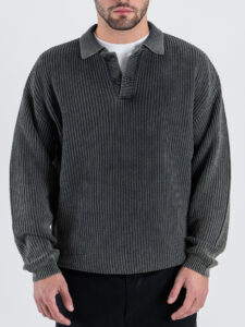 Polo comoda in maglia a costine con manica lunga 86115 Black (1)