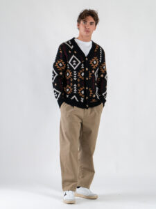 TOOCO Cardigan in misto cachemire e lana con bottoni e stampa etnica UXMAL Black1