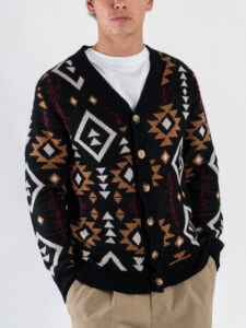 TOOCO Cardigan in misto cachemire e lana con bottoni e stampa etnica UXMAL Black2