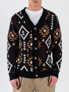 TOOCO Cardigan in misto cachemire e lana con bottoni e stampa etnica UXMAL Black3