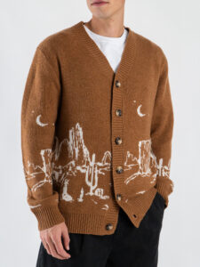 TOOCO Cardigan in misto cachemire e lana con bottoni e stampa texas MVRS Yellow Stone Papaya2