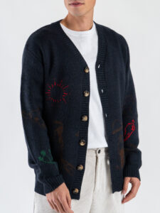 TOOCO Cardigan in misto lana con bottoni e stampa Cowboy Texas MVRS Navy6