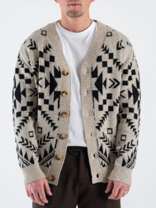 TOOCO Cardigan regular misto lana e cachemire con bottoni e stampa etnica OHANA Tortora1