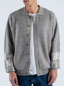 TOOCO CardiganPolo regular misto lana con bottoni e stampa palme MALIBÙ Grey (1)