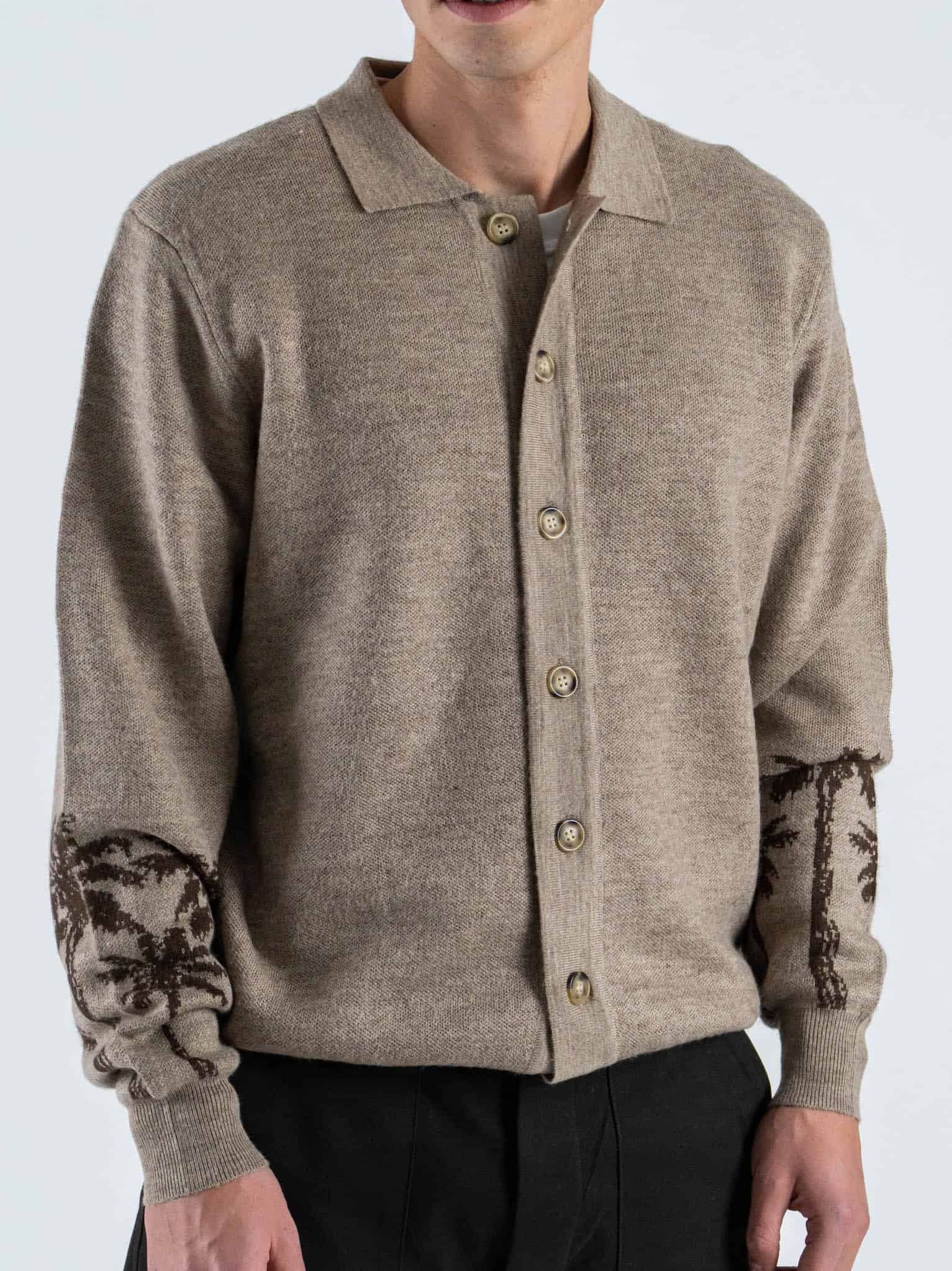 TOOCO Cardigan/Polo regular misto lana con bottoni e stampa palme MALIBÙ Tortora