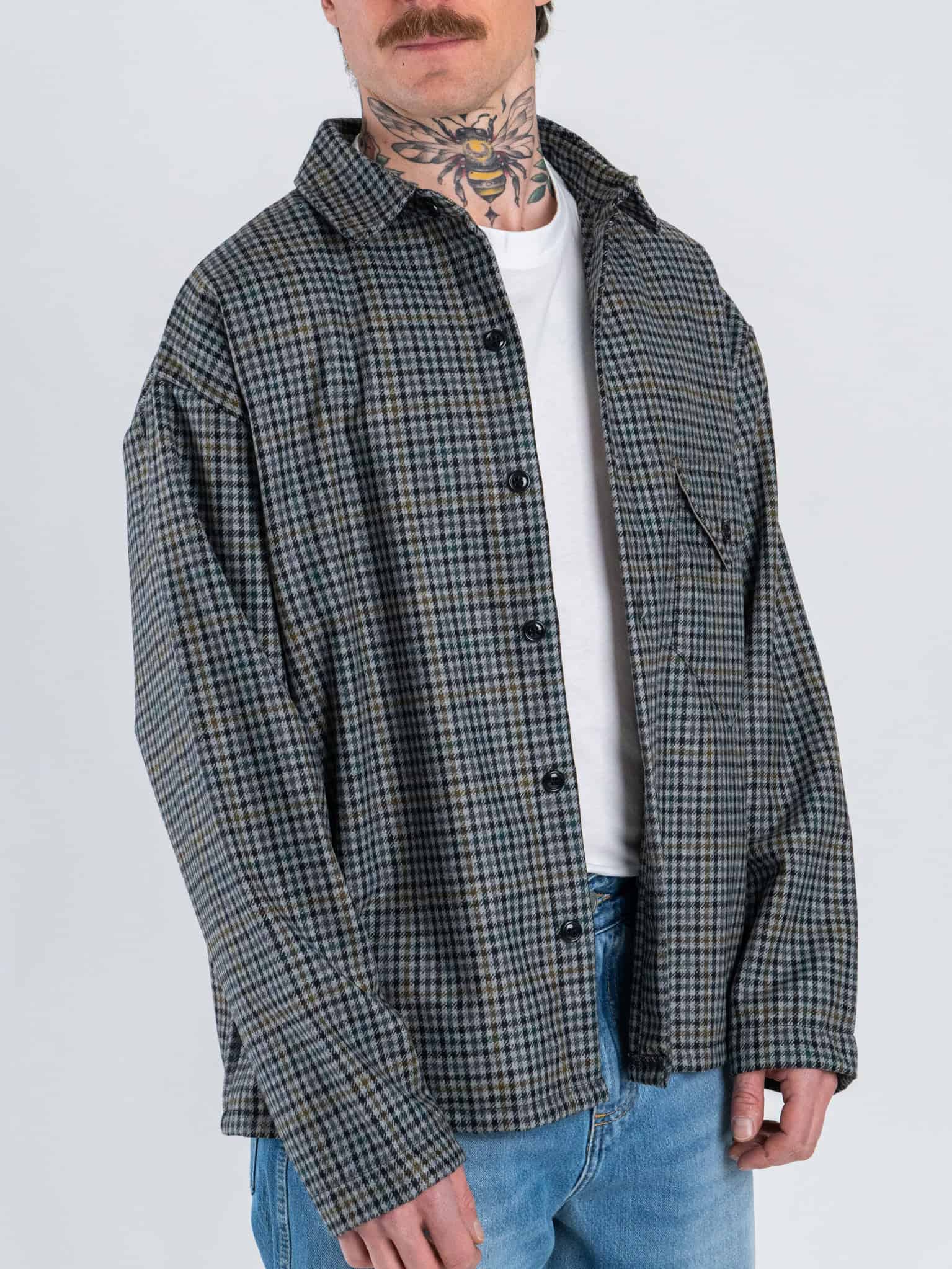 Camicia crop over in misto lana fantasia pied de poule 002 Grigio