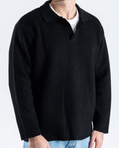 Polo over in misto lana con scollo a V a coste 2593 Nero 1 Home