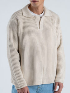 Polo over misto lana con scollo a V a coste 2593 Sabbia (1)