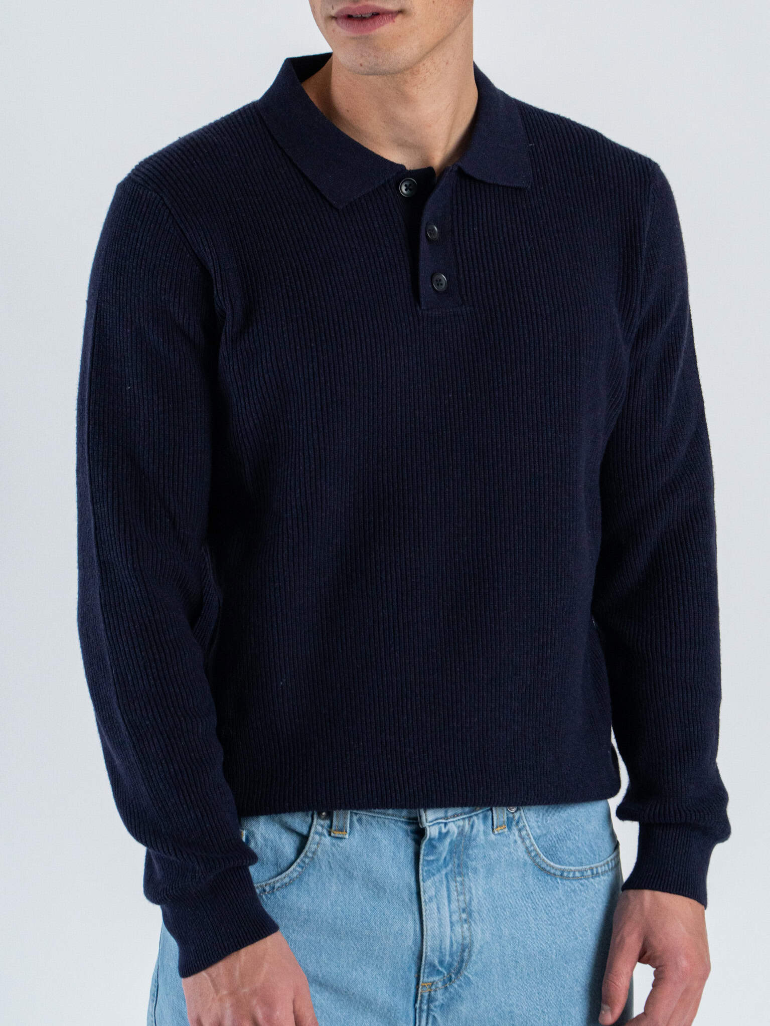 SEINSE Polo regular in cotone a costine con manica lunga MI3117SS Blu Navy